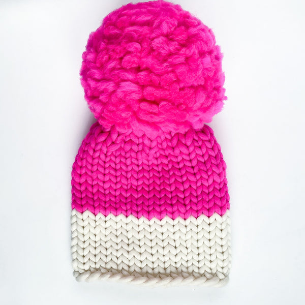 Color block knit beanie with pompom - Knitting Kit