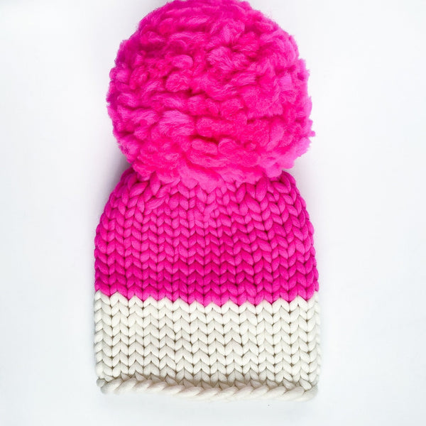 Color block knit beanie with pompom