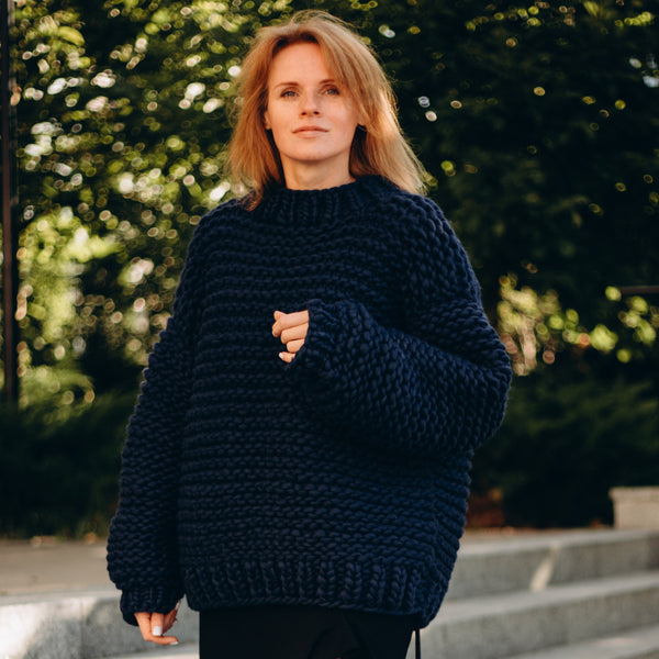dark blue oversized chunky knit sweater with crew neck