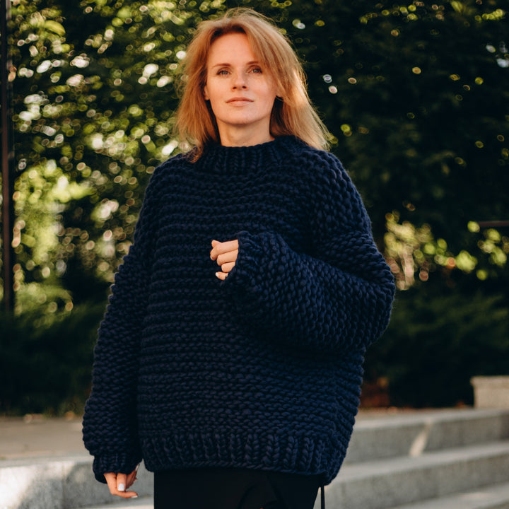 dark blue oversized chunky knit sweater with crew neck