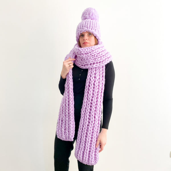 Chunky knit scarf and beanie with giant pom set