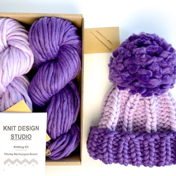 Color block ribbed beanie with a pompom - Knitting Kit