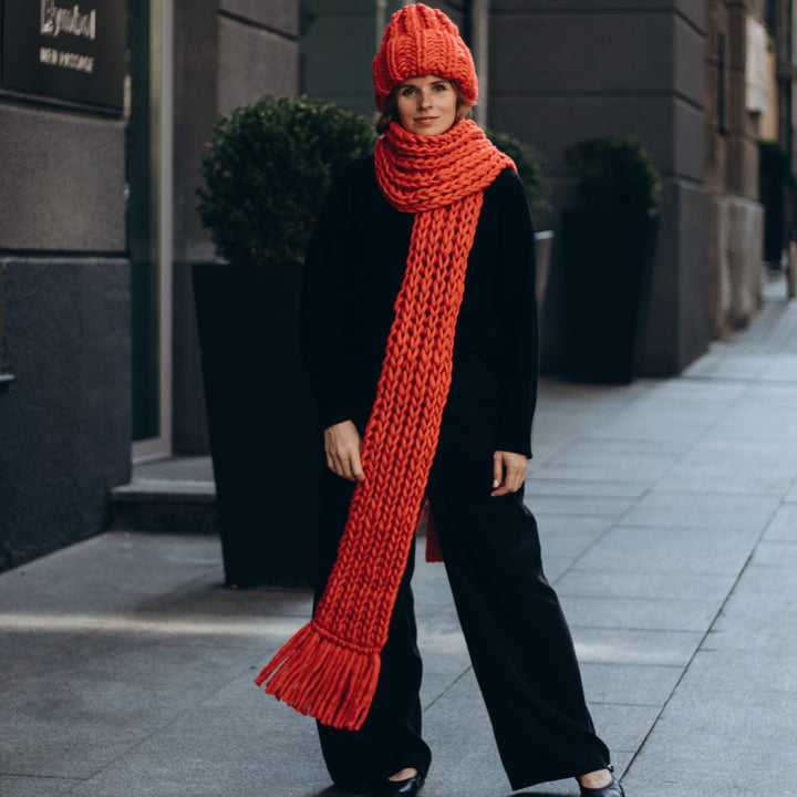 Chunky knit hat and fringed long scarf set