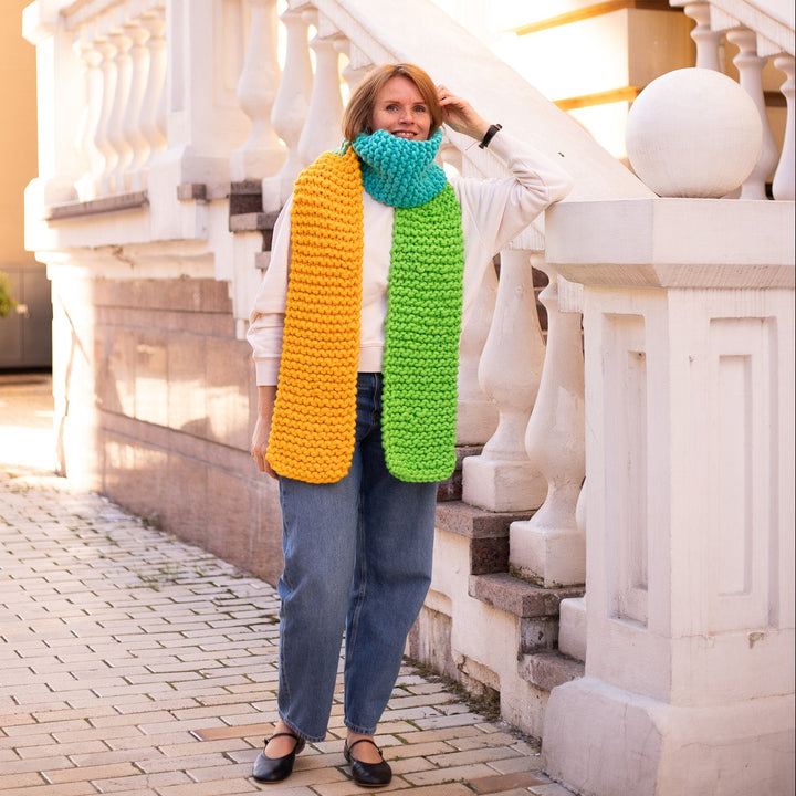 Woman wearing a colorful scarf
