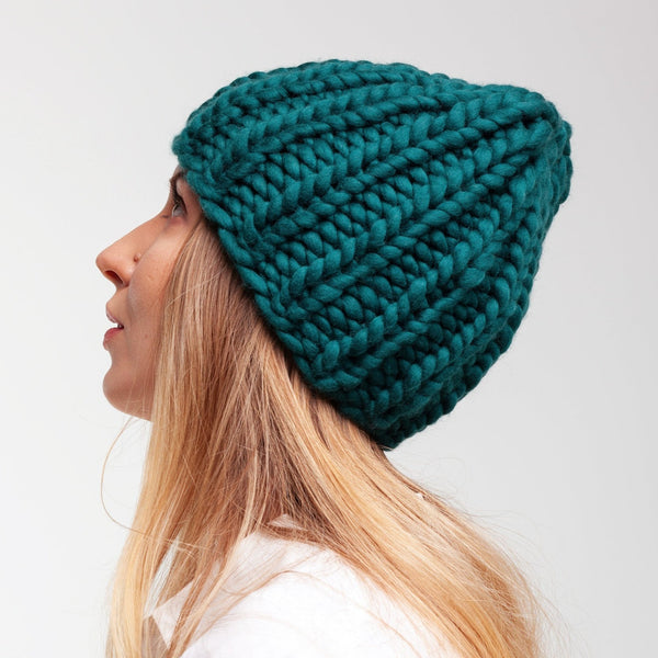 Hand knit ribbed beanie hat