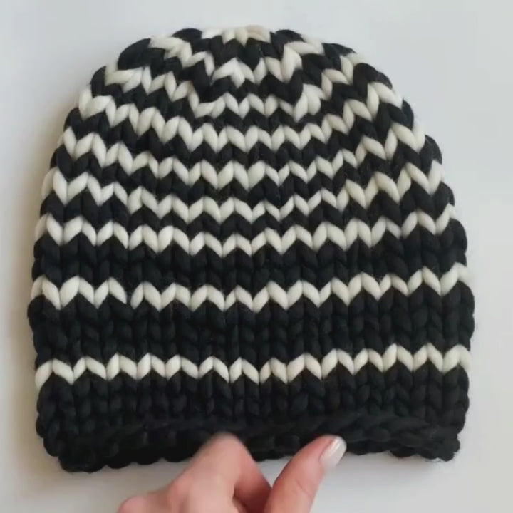 Striped knit beanie in black and white