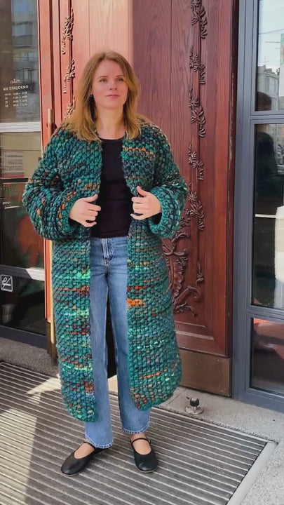 Long chunky knit cardigan with open front and relaxed oversized fit