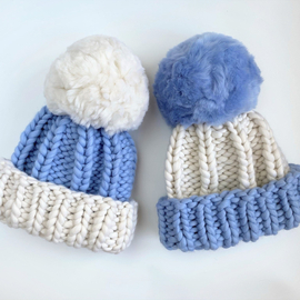 Color block ribbed beanie hat with a pompom