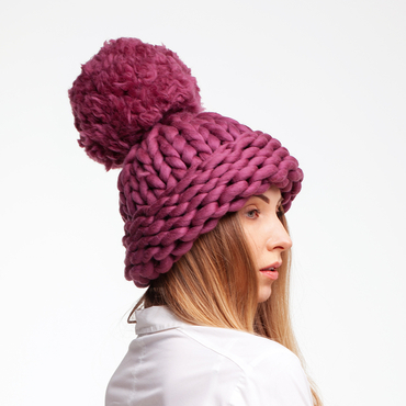 Purple pom pom winter hat