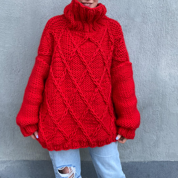 Oversized Chunky Knit Diamond Sweater   – Photo 2